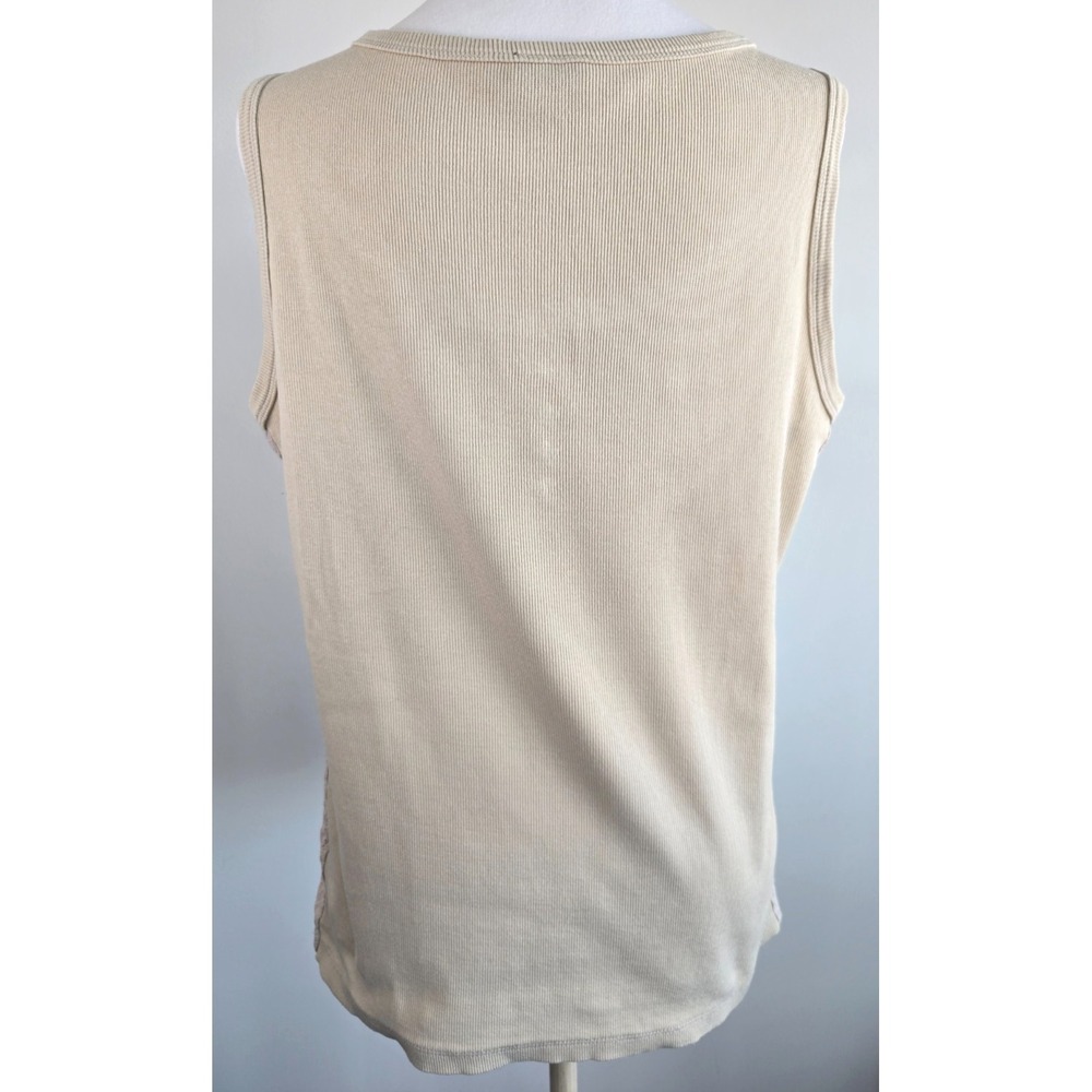 Tribal Lace Tank Top Ribbed Knit Henley Round Neck Pastel Yellow Beige Quiet Lux - Picture 2 of 16